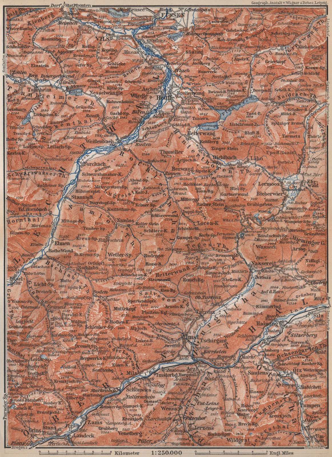 LECHQUELLENGEBIRGE range. Reutte Imst Füssen Lechtal Oberinntal karte 1899 map
